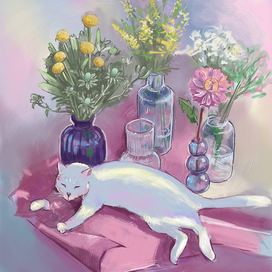 кот и цветы