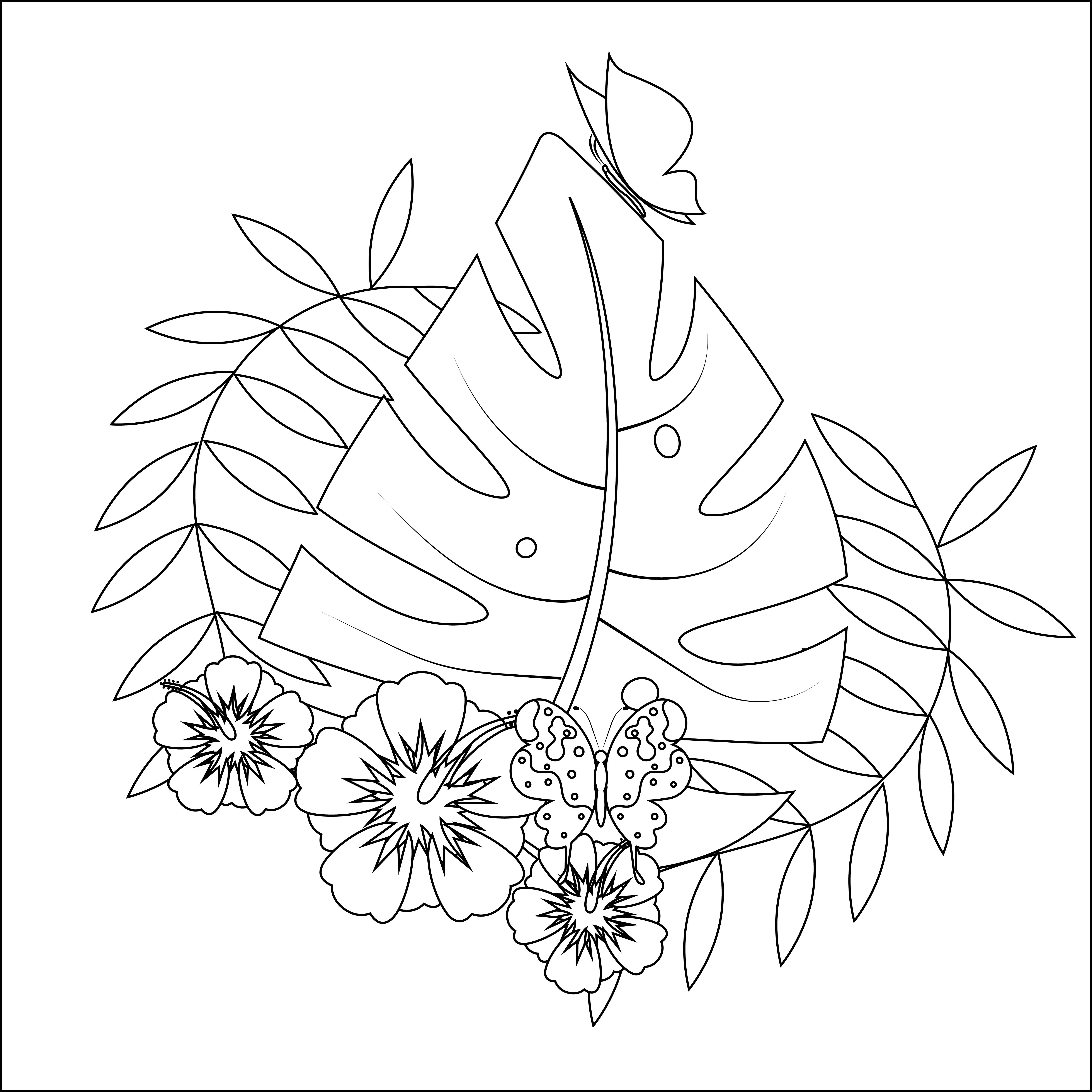 Иллюстрация Тропические листья монстера с цветами и бабочками в