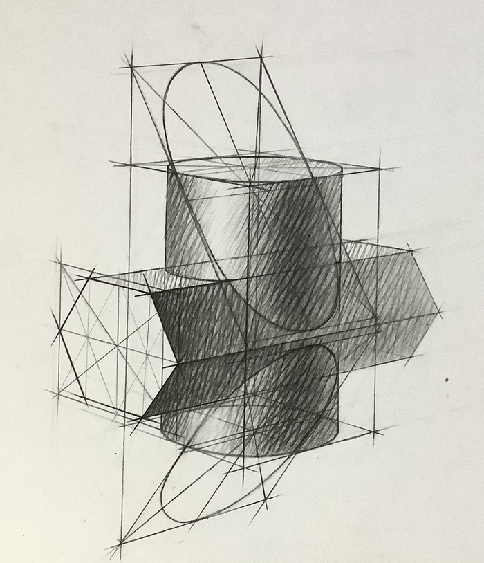 3д фигура построение. Врезка фигур. Врезка фигур Академический рисунок. Построение фигур. Врезанные фигуры рисунок.