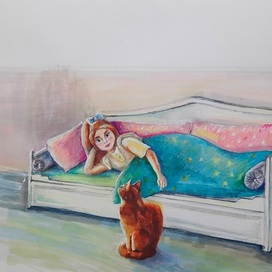 Девочка с котом. Детская иллюстрация