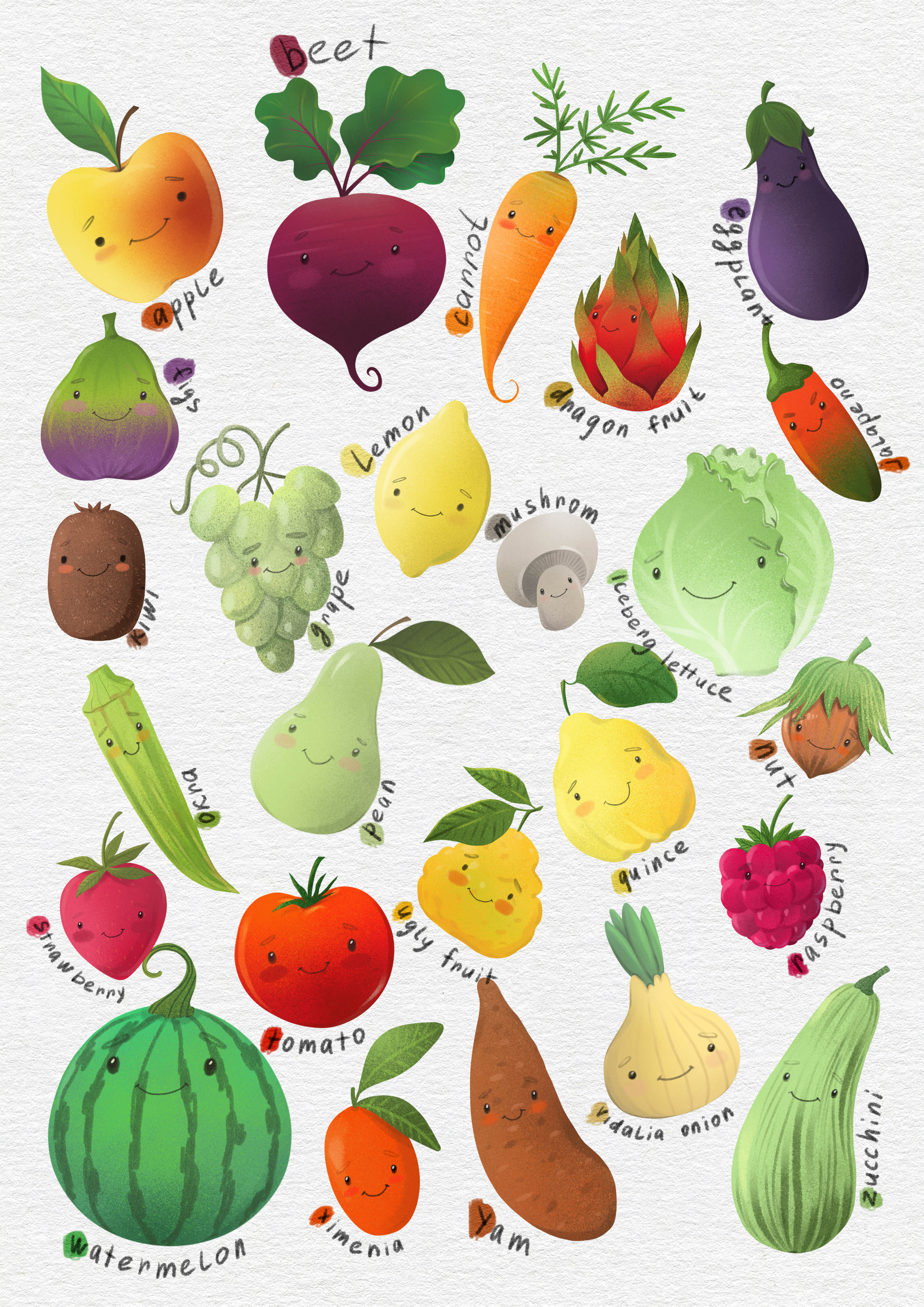 Иллюстрация Картинки для детей. Милые малыши овощи и фрукты.