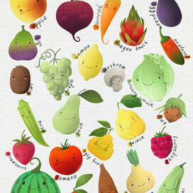 Картинки для детей. Милые малыши овощи и фрукты.  Детская иллюстрация