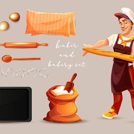 Пекарь и предметы для выпечки в стиле картун