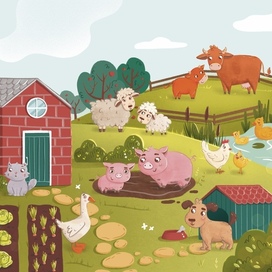 Иллюстрации для магнитной игры Ферма, с персонажами, животными, предметами и фоном