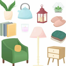 Уютная иллюстрация с мебелью и предметами интерьера