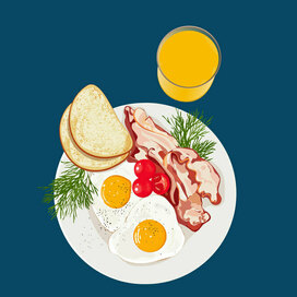 Завтрак яичница с беконом и апельсиновым соком