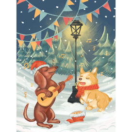 Собачьи музыканты выступают на зимней ярмарке
