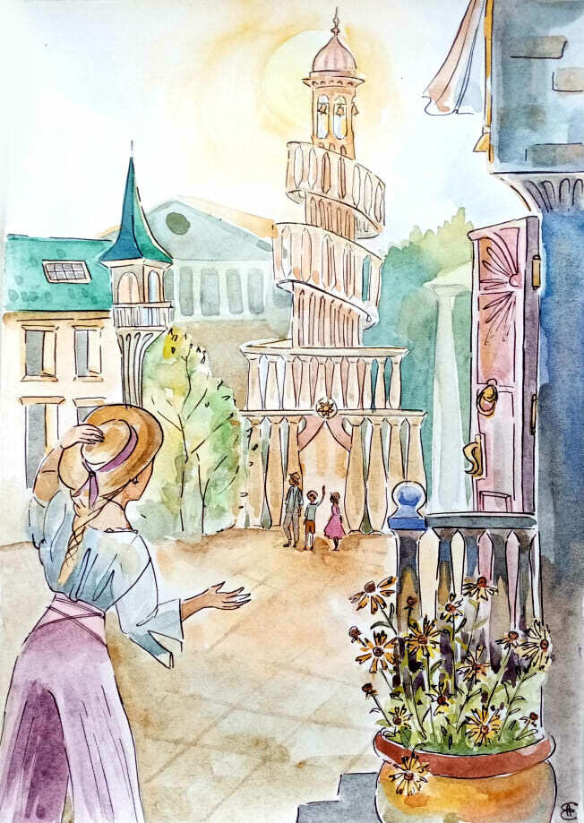 Иллюстрация Солнечная башня в стиле детский, живопись, книжная