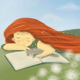 Рыжеволосая девочка с кошкой читает книгу