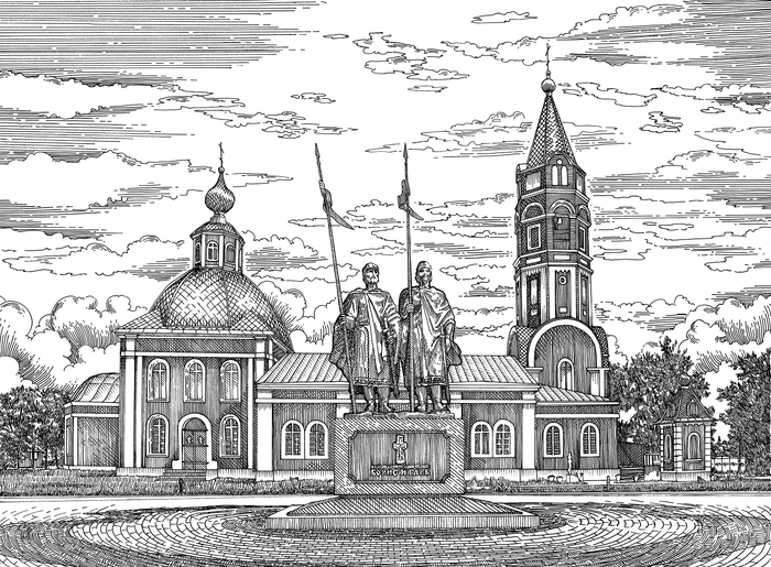 Иллюстрация Храм Борисоглебск в стиле графика | Illustrators.ru