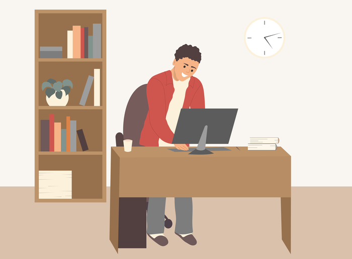 Иллюстрация Фрилансер работает за компьютером из дома. в стиле