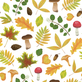 Осенний бесшовный паттерн с листьями и грибами