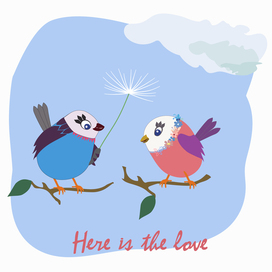 Веселые влюбленные птички с одуванчиком