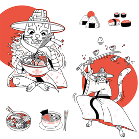 Кот самурай. иллюстрация для азиатской еды