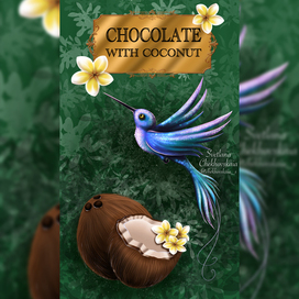 Иллюстрация для упаковки шоколада с кокосом. Колибри.