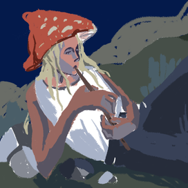 Mushroom lady playing the flute  