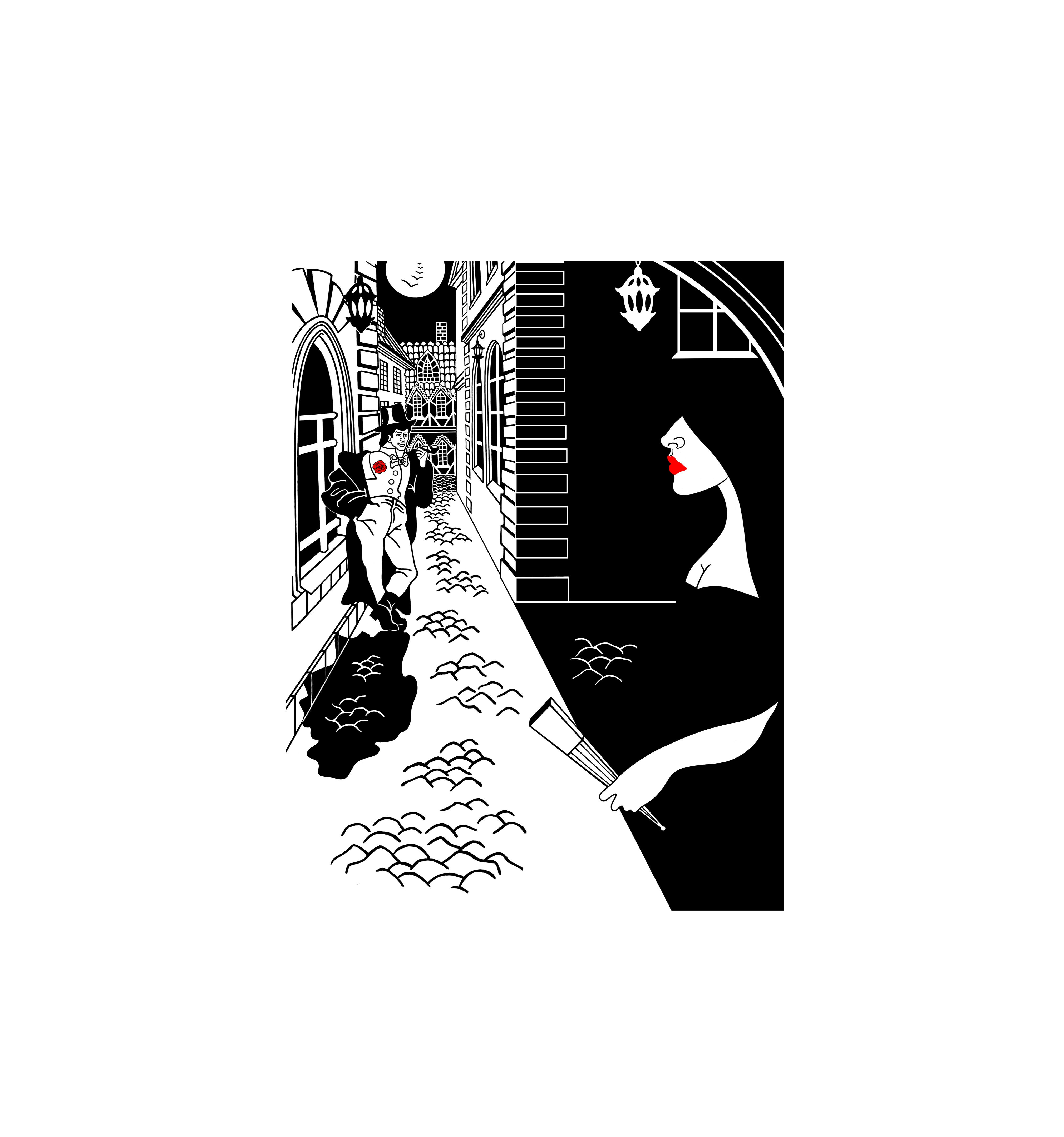 Иллюстрация Ночное рандеву в переулке грёз. в стиле графика