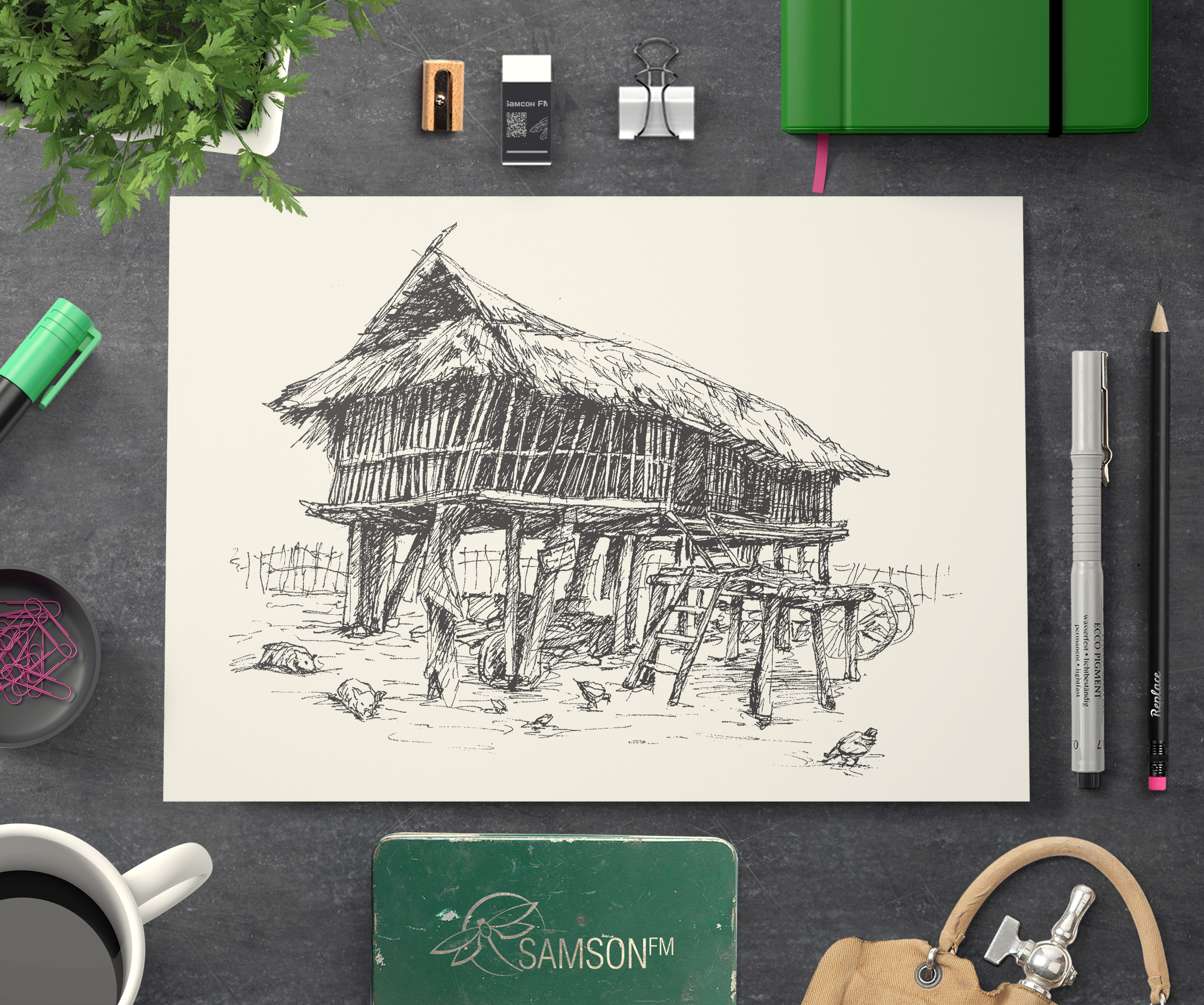 Иллюстрация Эскиз из путешествия Дом На Сваях в Лаосе в стиле