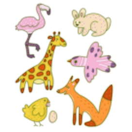Персонажи: жираф, фламинго, кролик, птица, лиса, курица и яйцо