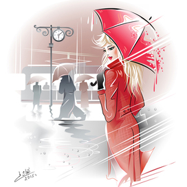 Блондинка под красным зонтом.