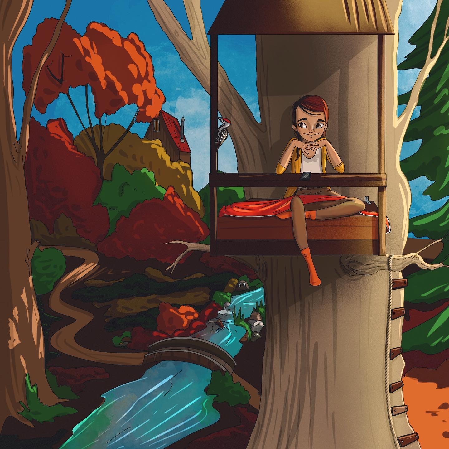 Иллюстрация Дом на дереве в стиле 2d, детский, книжная графика |