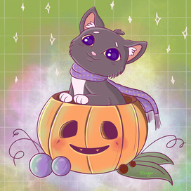 Хеллоуин чёрный котёнок и тыква