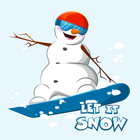 снеговик на сноуборде, зимняя открытка