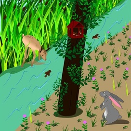 Заяц,олень и птицы у реки