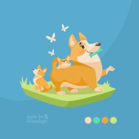 Милая собачка-корги со щенками, векторная иллюстрация