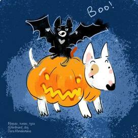 портрет собаки в костюме тыковки на хэллоуин