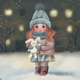 Зимняя девочка с зайчиком) Новогодняя иллюстрация