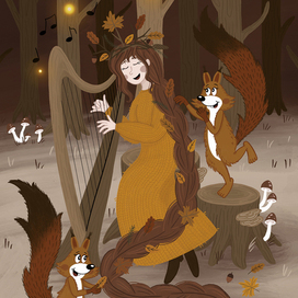 Девушка, которая играет на арфе и носит корону из лесных сокровищ