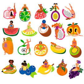 Векторная серия иллюстраций на тему "Девушки и фрукты" 