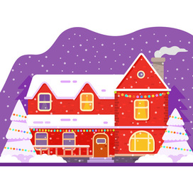Зимний дом украшенный гирляндами на Новый год и Рождество.