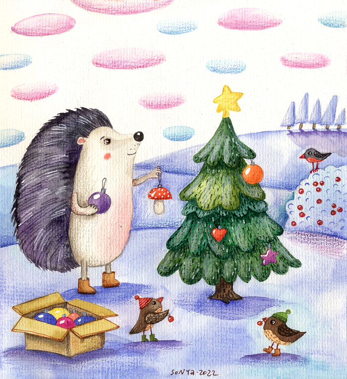 Иллюстрация про Ёжика, продолжение в стиле книжная графика