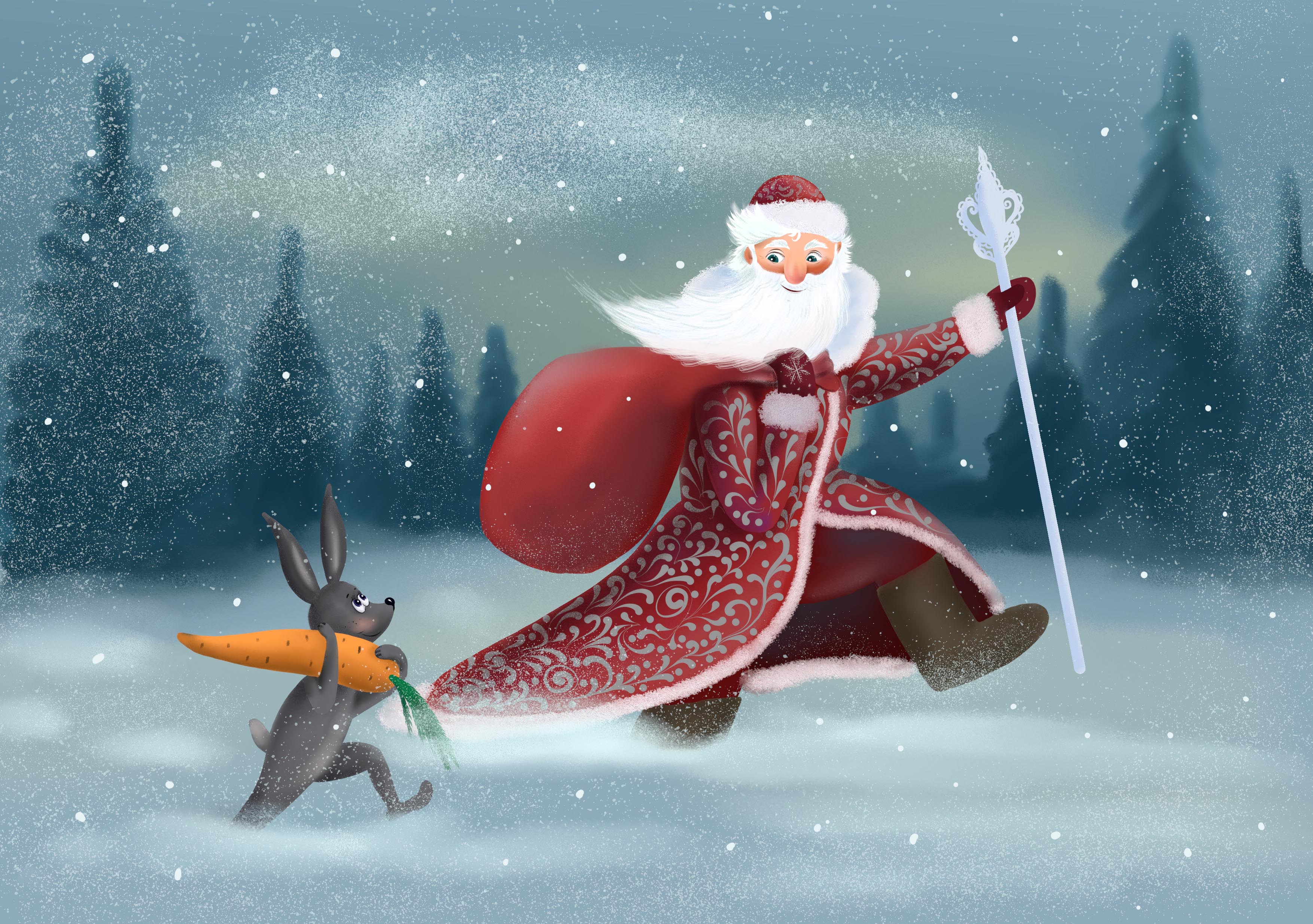 Иллюстрация Новогодняя открытка. Дед Мороз несет подарки в стиле