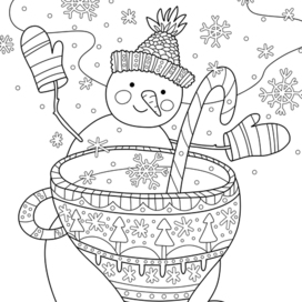 Новогодняя раскраска "Снеговик с чашкой какао"