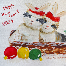 Открытка на Новый год кота/кролика 2023