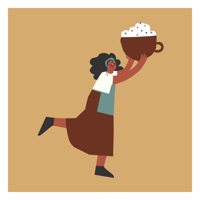 Иллюстрация Девущка официант и бариста несет клиенту капучино в