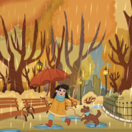 Иллюстрация для календаря девочка в парке с милым псом под дождем с красным зонтиком бегает по лужам осень ноябрь книжная детская иллюстрация
