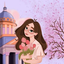 Персонаж с букетом тюльпанов весна 