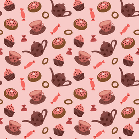 pattern on the theme of tea drinking with cupcakes