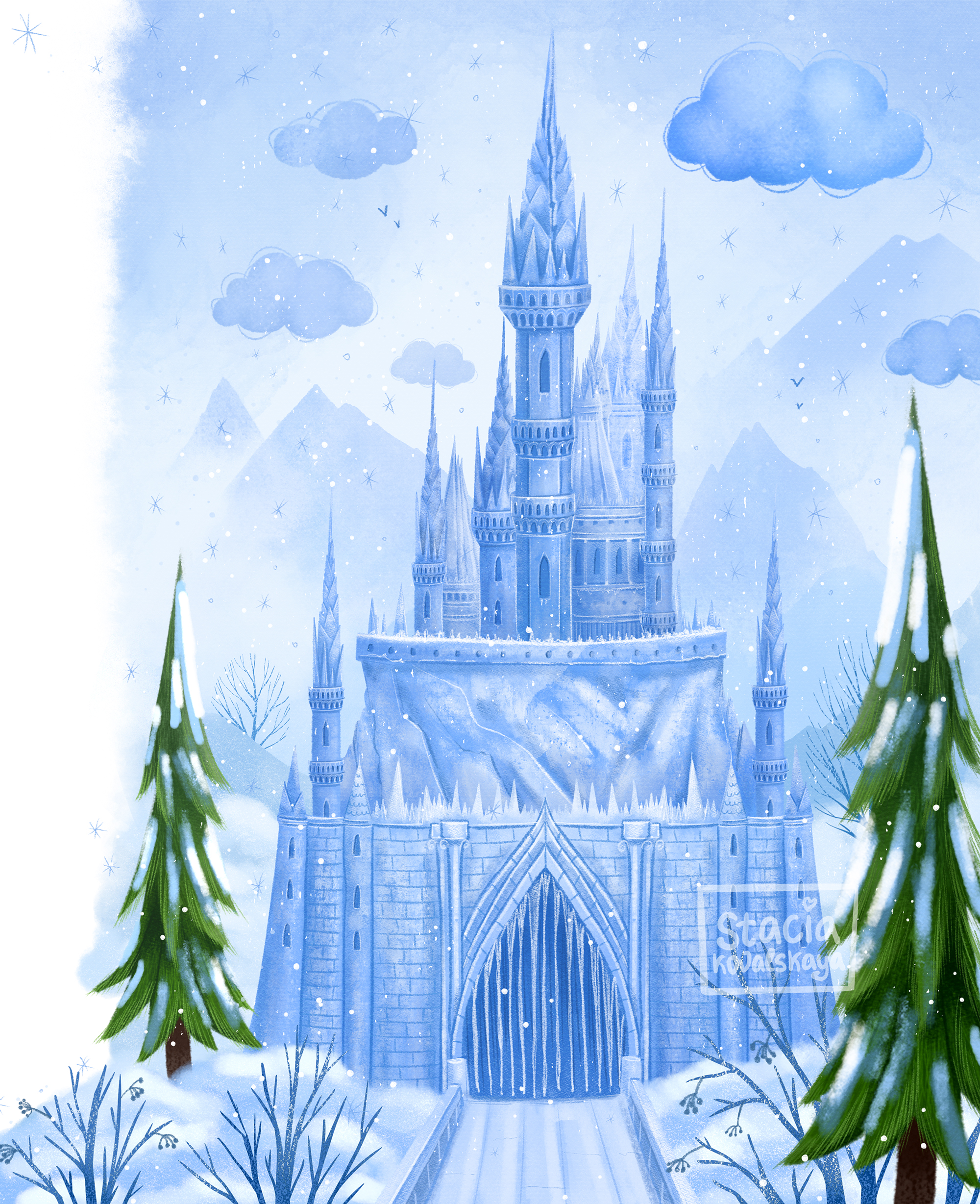 Иллюстрация Замок снежной королевы в стиле книжная графика |