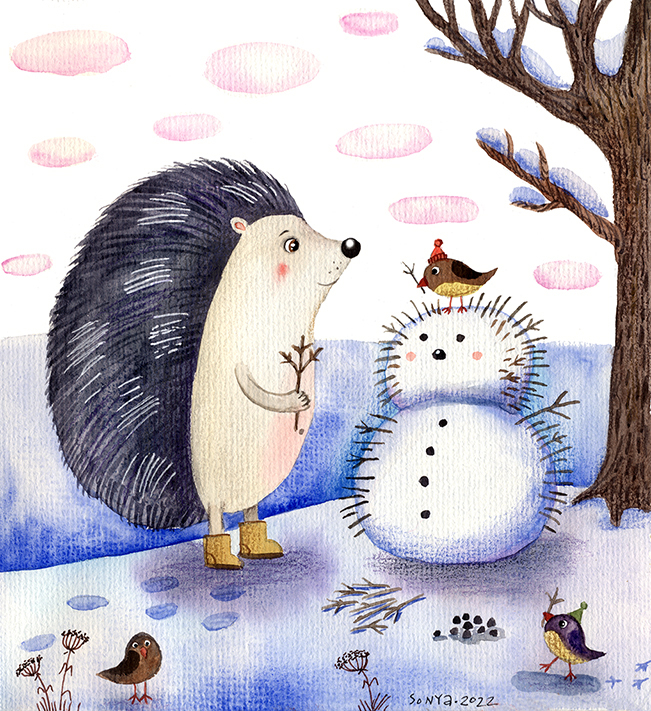 Иллюстрация Ёжик лепит снеговика...ежовика ☃️ Illustrators.ru
