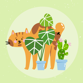 Children's vector book illustration. Sticker cat with plants.