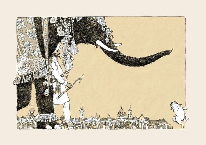 Иллюстрация Слон и Моська. Басня И.А.Крылова в стиле книжная