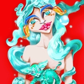 Русалочка с ориентальным котенком на руках