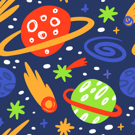 Vector illustration. Seamless pattern for baby products. Outer space with planets and stars.