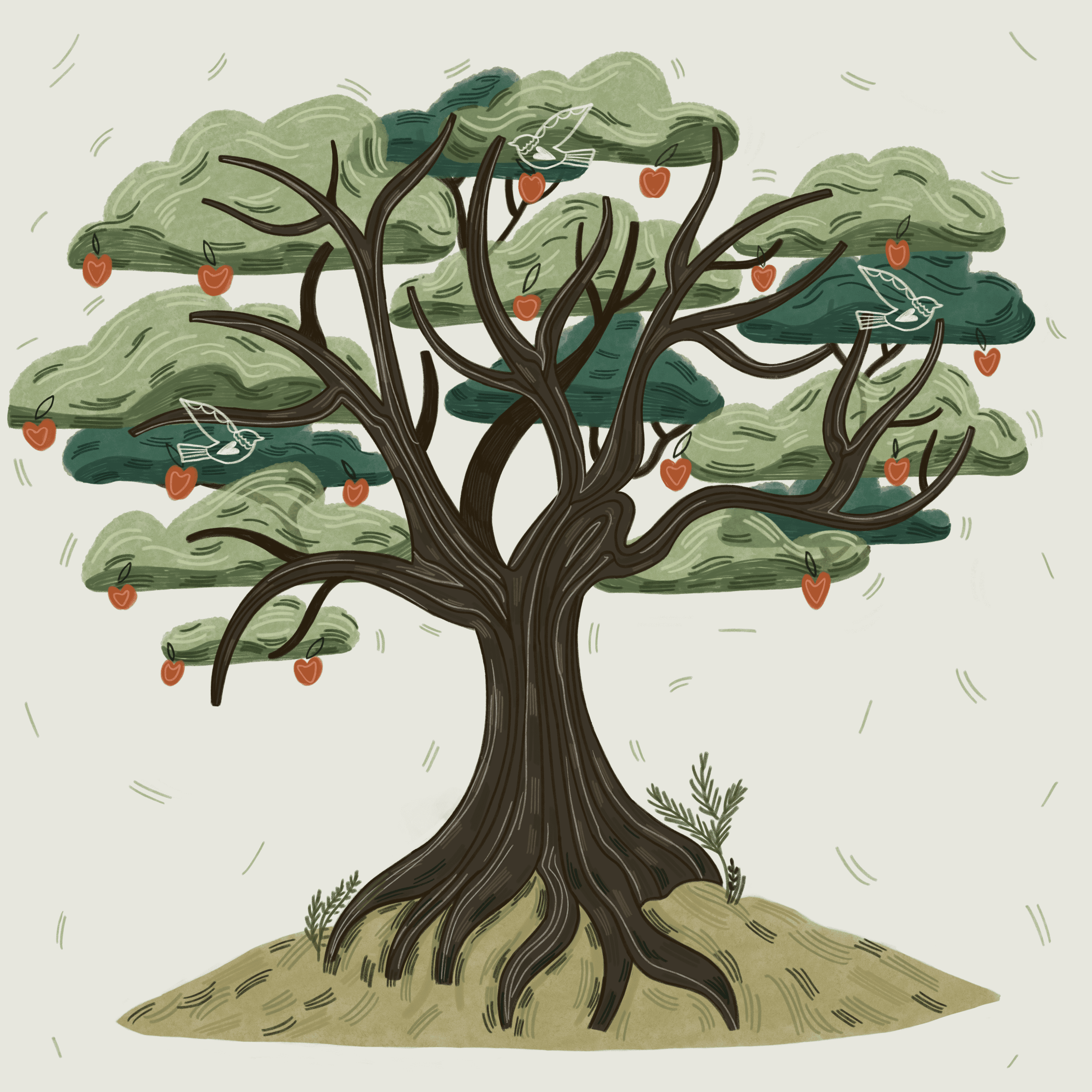 Иллюстрация Волшебное дерево с яблоками и птицами в стиле 2d,