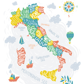 Декоративная карта Италия с леттерингом